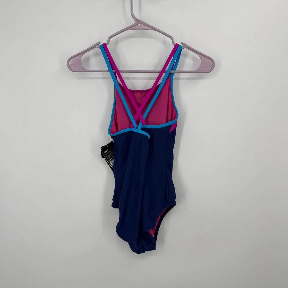 Speedo One Piece Swimsuit Girls 14 Navy Blue Pink UV Protection No Wedgie Worry